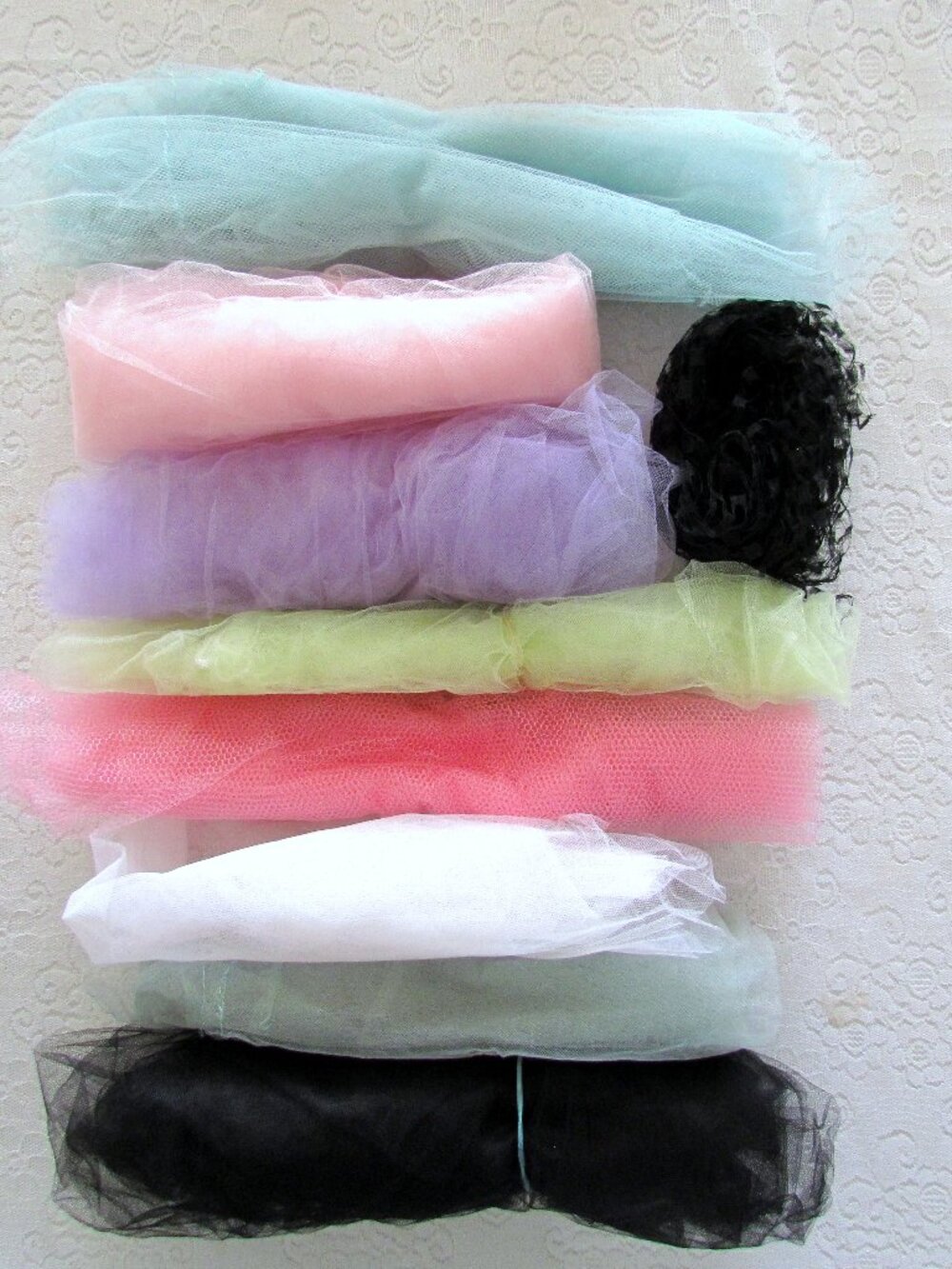 TULLE NETTING FABRIC REMNANTS, VARIOUS COLORS + ANTIQUE BLACK HAT NETTING